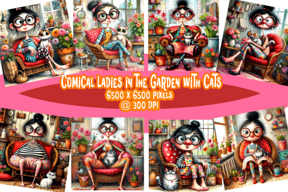 Download Comical Ladies in the Garden with Cats - Premium Resources